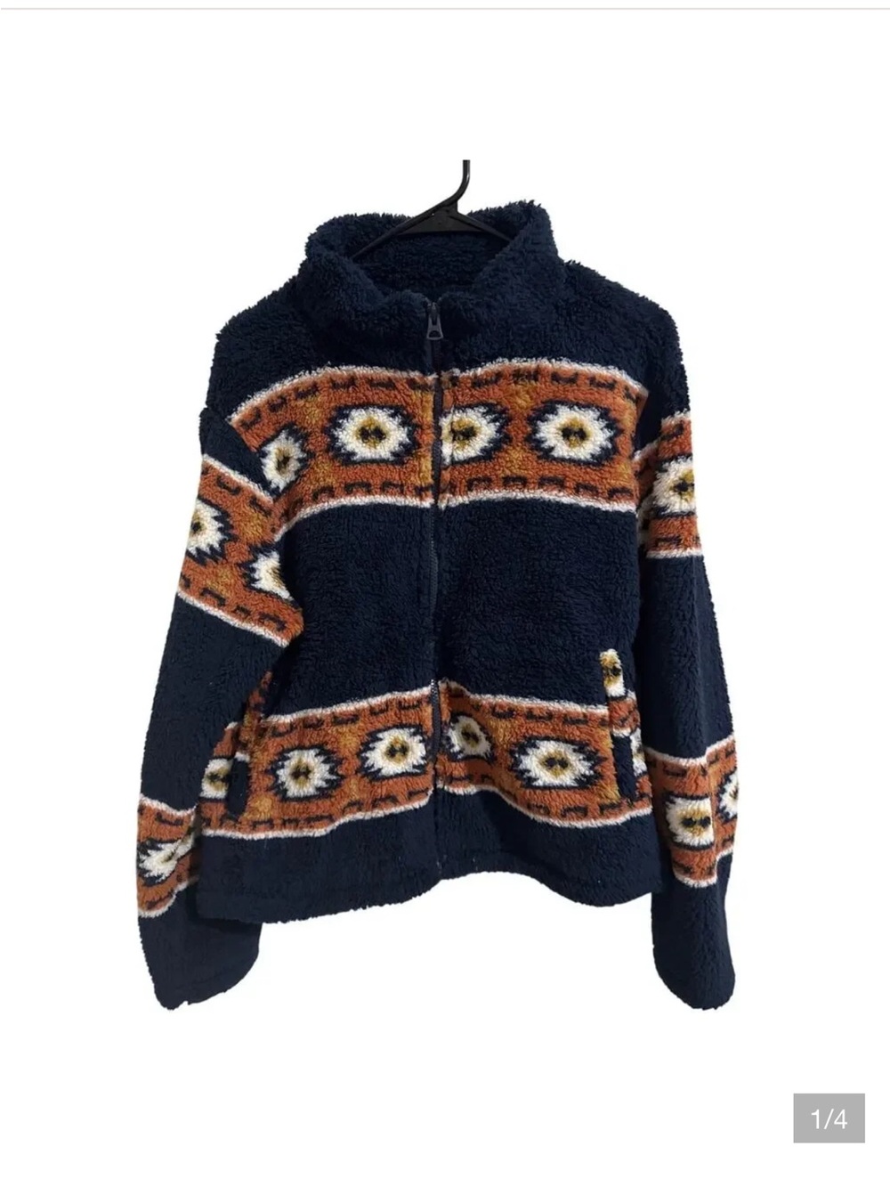 Lucky Brand Navy Teddy Jacket with Rust Navajo Stripes